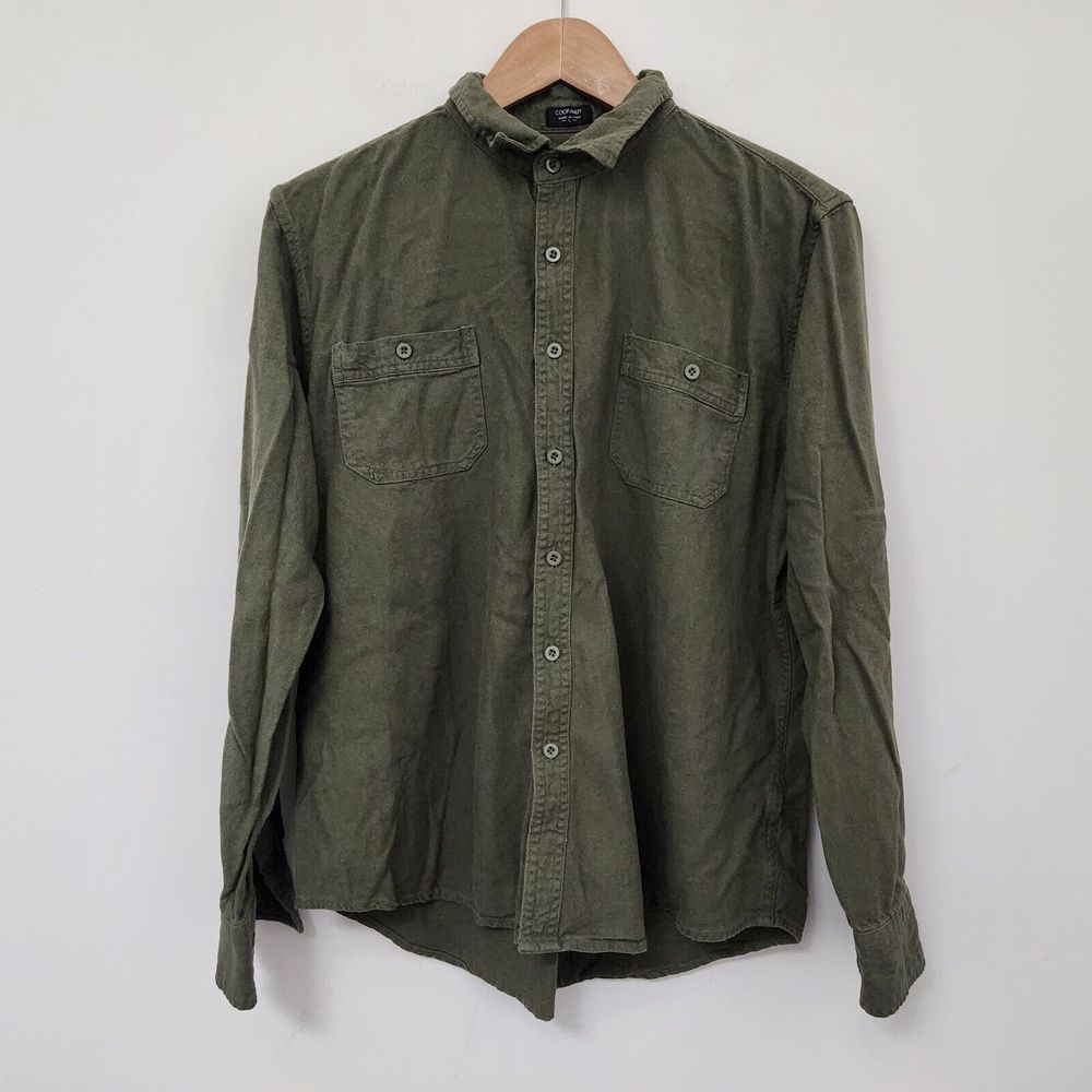 COOFANDY Women's Army Green Canvas Button Up Long Sleeve Shirt Size L